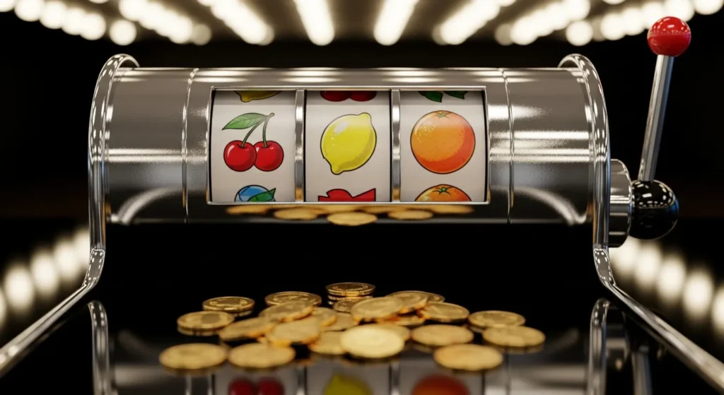 Mevali slot avtomati va oltin tangalar bilan realistik kazino sahnasi