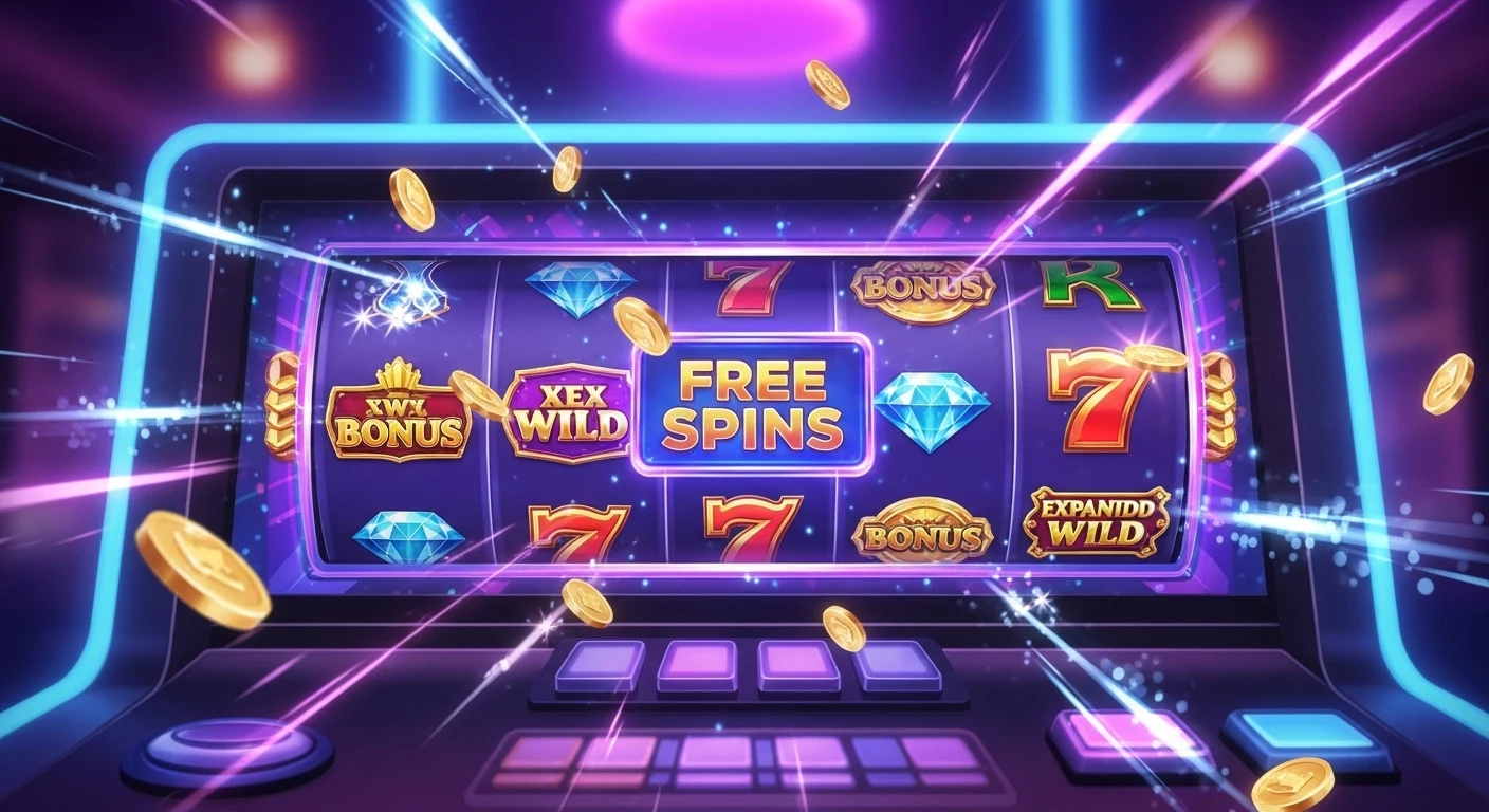 Slot o‘yinida bepul aylantirishlar va bonus belgilar ko‘rsatilgan yorqin kazino ekrani